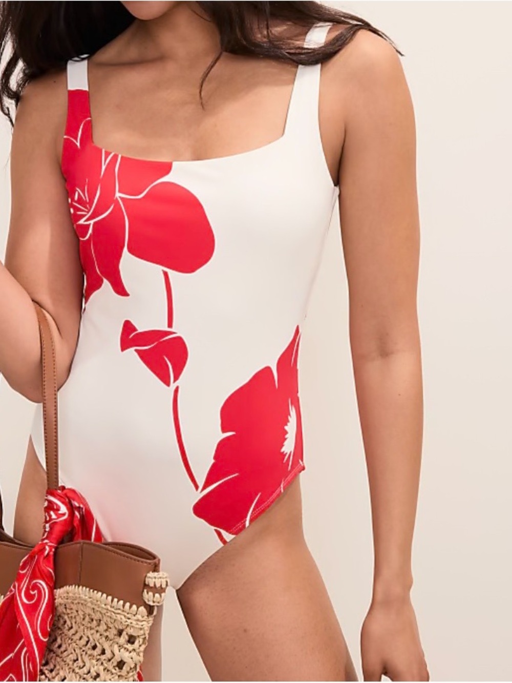 Ann Taylor White One-Piece Swimsuit with Red Floral Print
